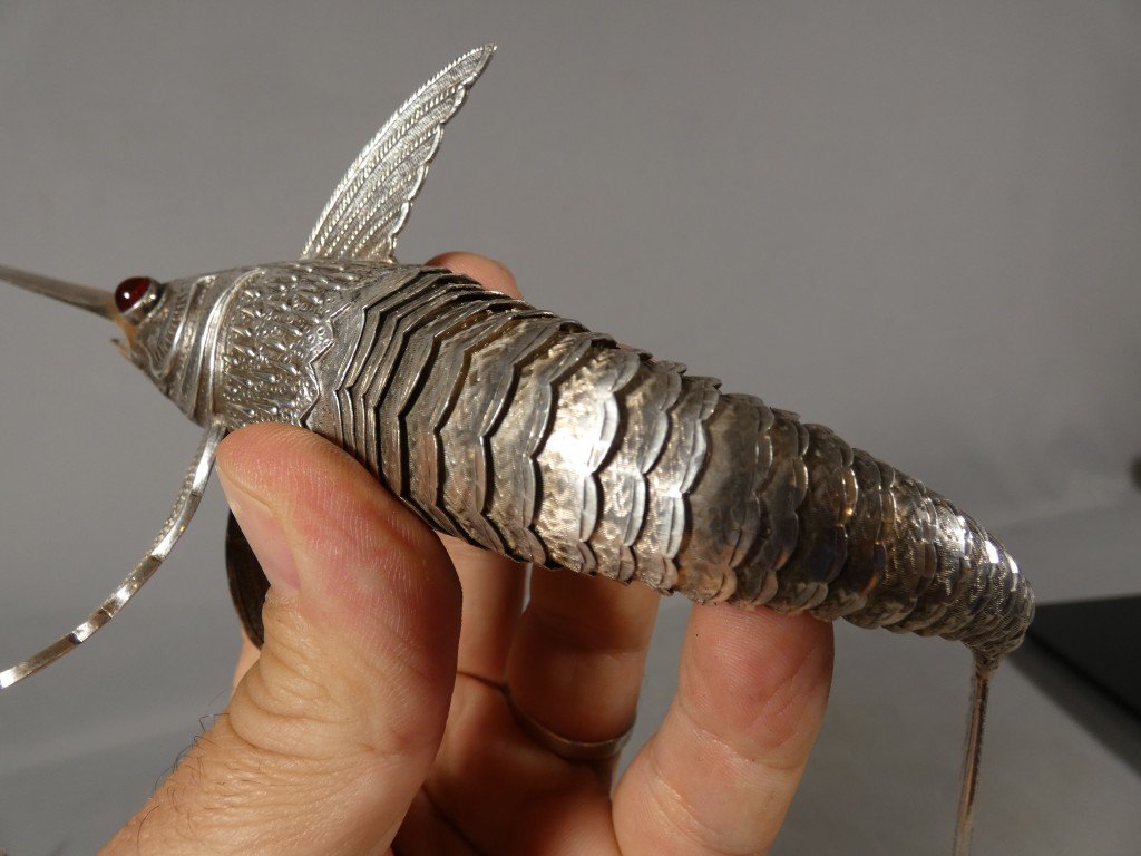 Articulated Solid Silver Swordfish Figurine With Glass Eyes, Spain, Circa 1960-photo-1