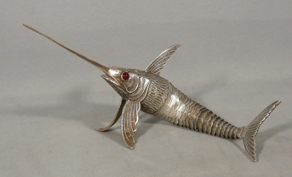 Articulated Solid Silver Swordfish Figurine With Glass Eyes, Spain, Circa 1960