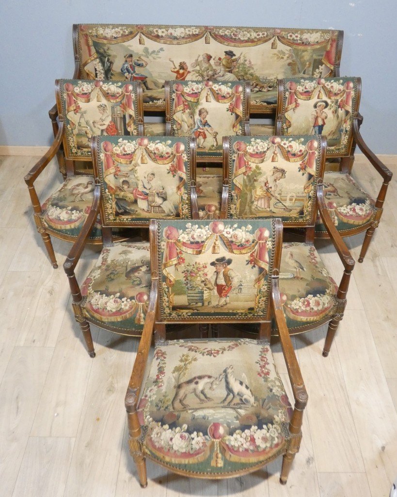 Directoire-style Period Parlor With 18th-century Tapestry Depicting Pastoral Scenes And La Fontaine's Fables