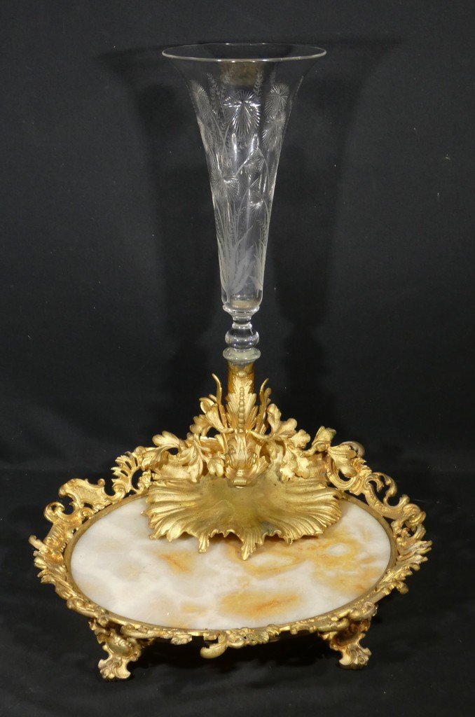 Centre de table Napoléon III en bronze doré, onyx et cristal gravé – XIXe siècle-photo-2