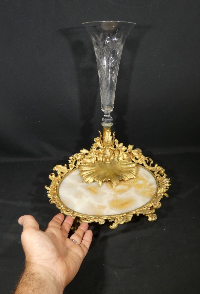 Centre de table Napoléon III en bronze doré, onyx et cristal gravé – XIXe siècle-photo-3