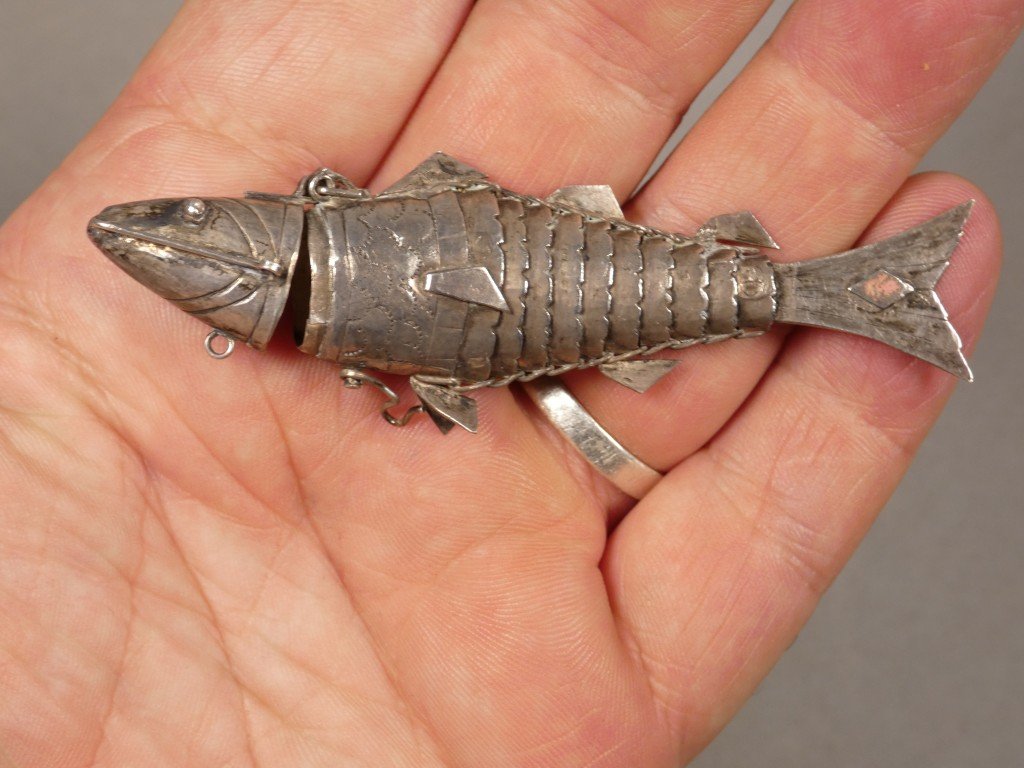 Boîte poisson articulé en argent massif Espagne vers 1960-photo-3