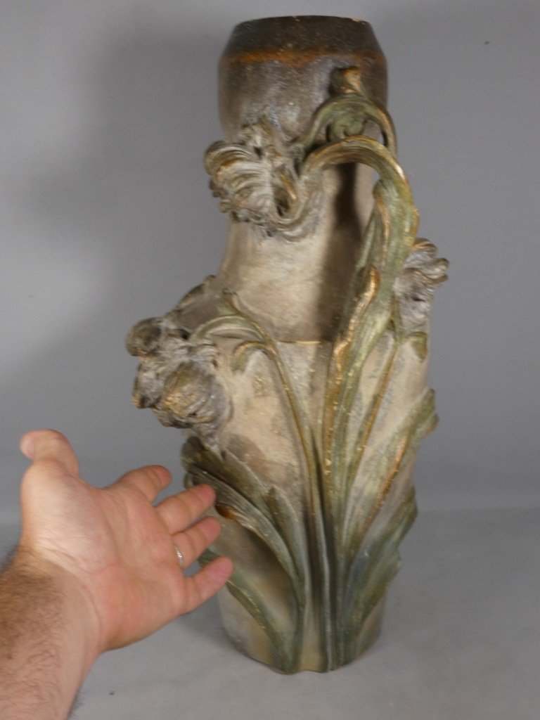 Large Art Nouveau Vase With Irises, Signed C. Haböck – Austria, Ca. 1900 – H. 54 Cm-photo-2