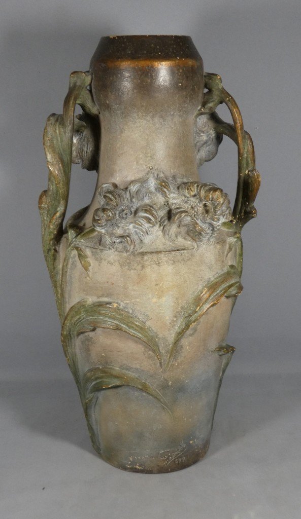 Large Art Nouveau Vase With Irises, Signed C. Haböck – Austria, Ca. 1900 – H. 54 Cm-photo-3
