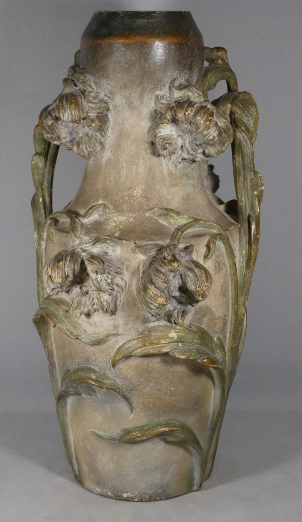 Large Art Nouveau Vase With Irises, Signed C. Haböck – Austria, Ca. 1900 – H. 54 Cm-photo-1