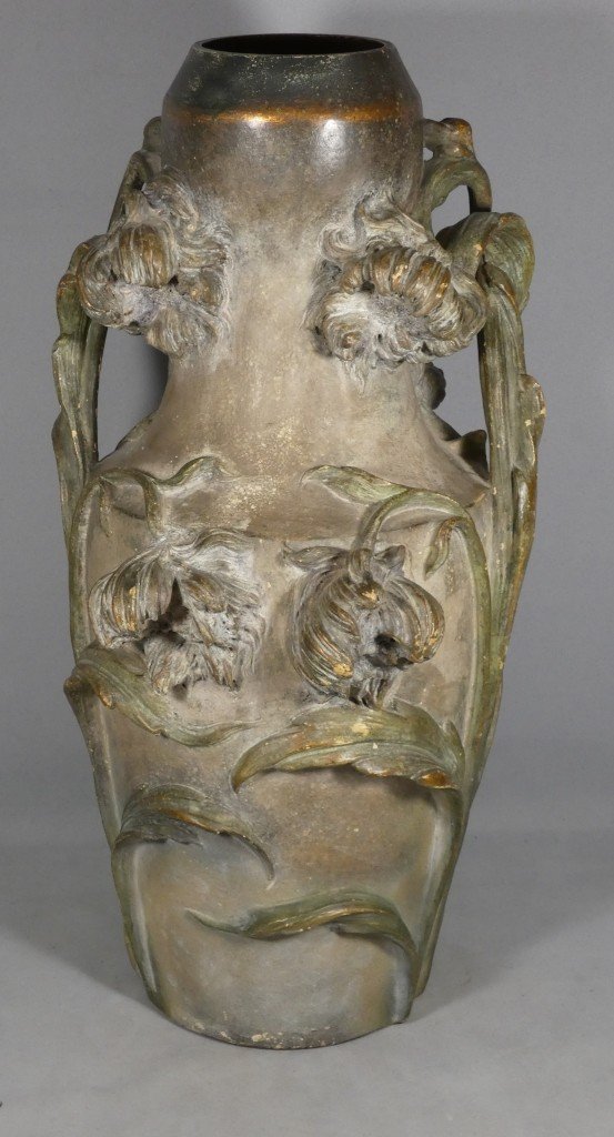 Large Art Nouveau Vase With Irises, Signed C. Haböck – Austria, Ca. 1900 – H. 54 Cm-photo-2