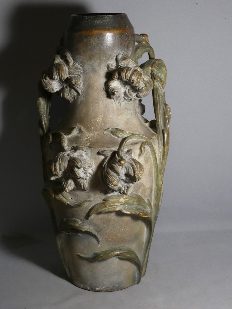 Large Art Nouveau Vase With Irises, Signed C. Haböck – Austria, Ca. 1900 – H. 54 Cm-photo-3