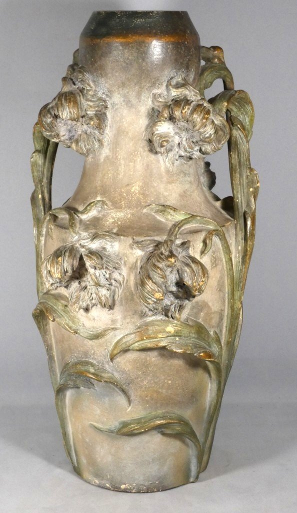 Large Art Nouveau Vase With Irises, Signed C. Haböck – Austria, Ca. 1900 – H. 54 Cm