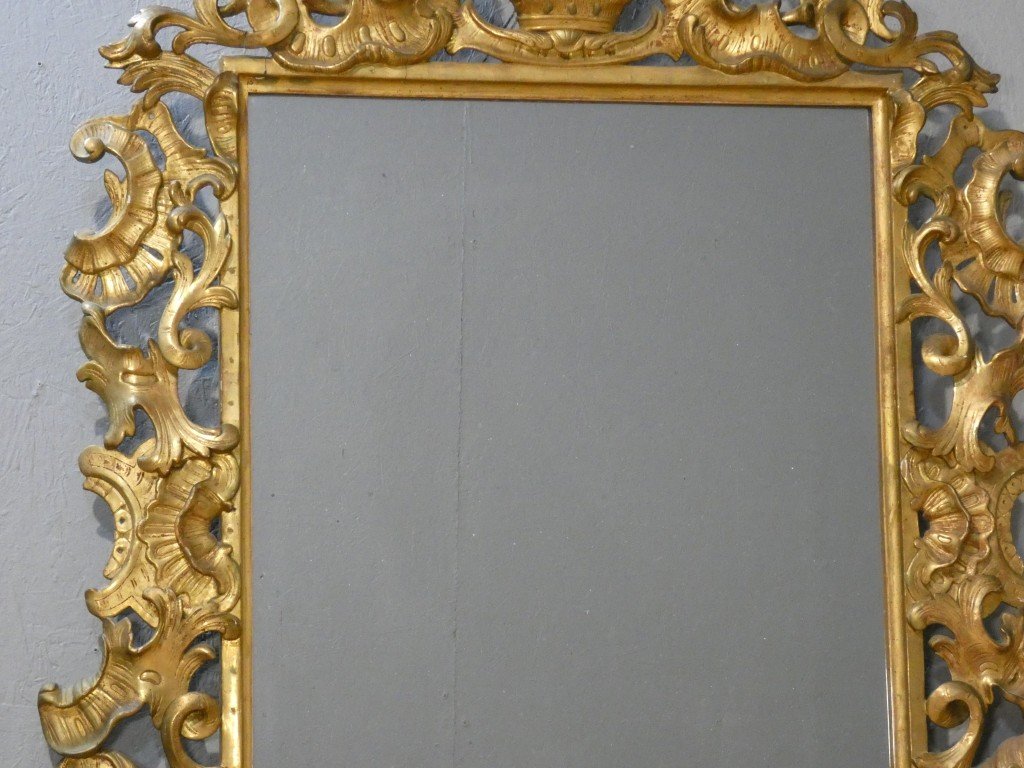 Important miroir rocaille italien en bois doré à glace au mercure – XVIIIe siècle-photo-3