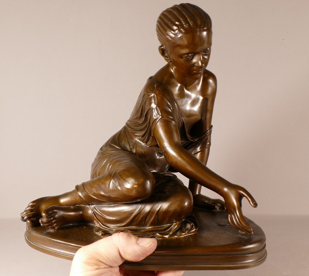 "the Girl Playing Jacks," Bronze With A Brown Antique-style Patina, Barbedienne And Collas, 19th Century -photo-2