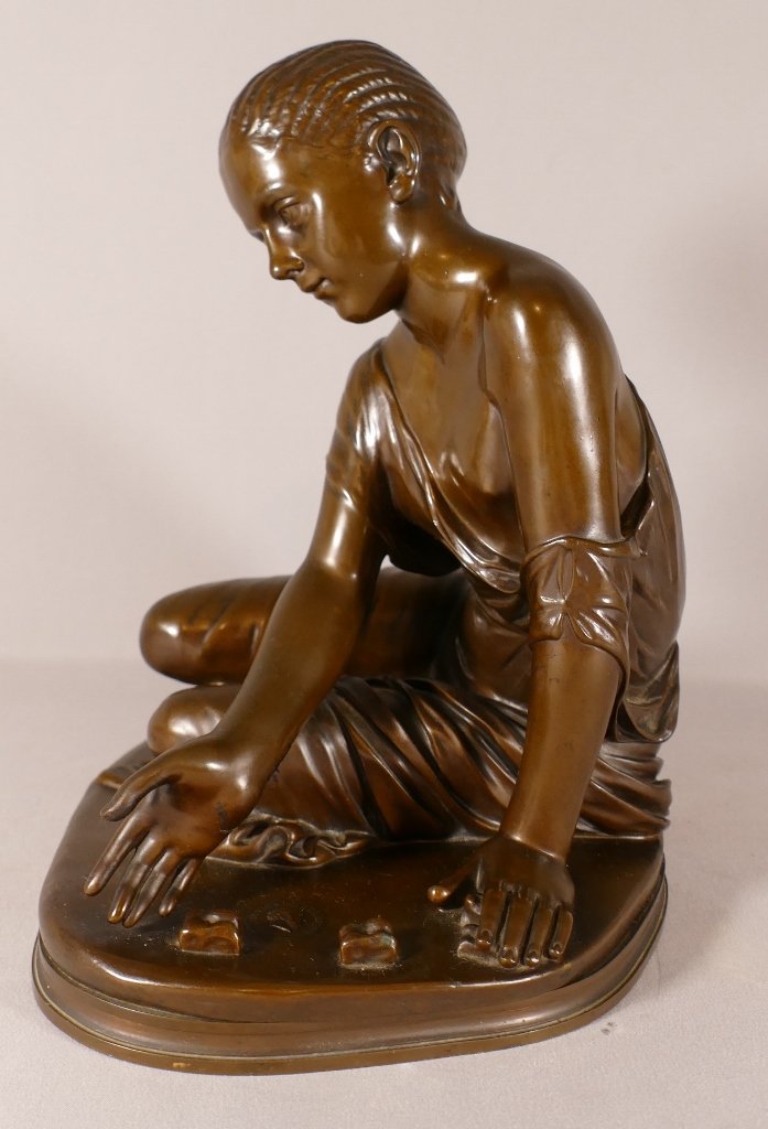 "the Girl Playing Jacks," Bronze With A Brown Antique-style Patina, Barbedienne And Collas, 19th Century -photo-4