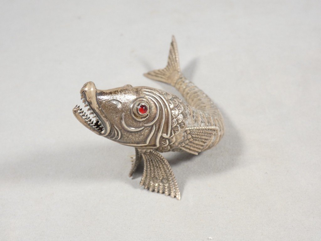 Jointed Fish Made Of Solid Silver With Glass Eyes, Spain, Circa 1960-photo-2