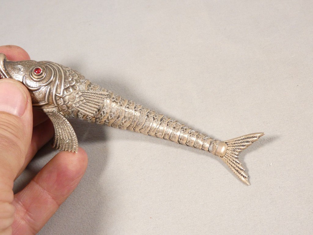 Jointed Fish Made Of Solid Silver With Glass Eyes, Spain, Circa 1960-photo-3