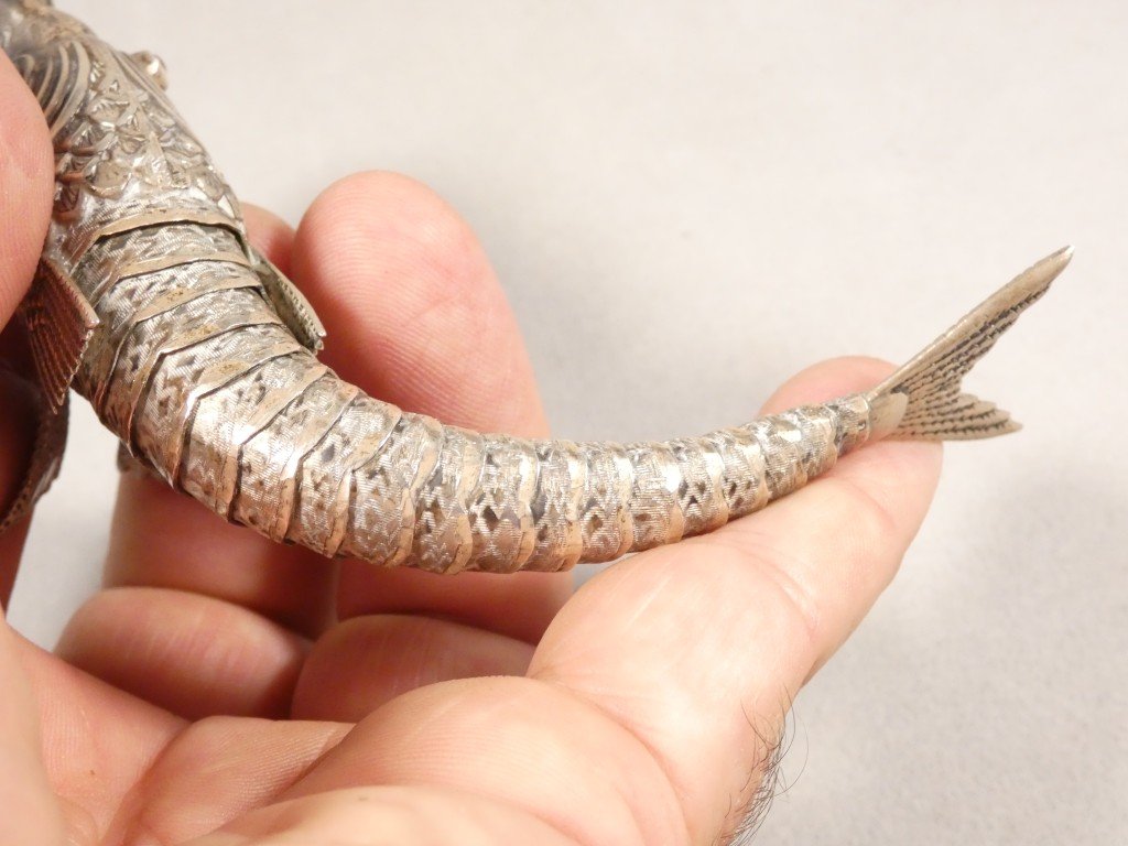 Jointed Fish Made Of Solid Silver With Glass Eyes, Spain, Circa 1960-photo-4