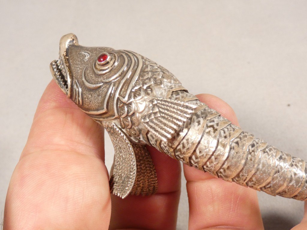 Jointed Fish Made Of Solid Silver With Glass Eyes, Spain, Circa 1960-photo-1