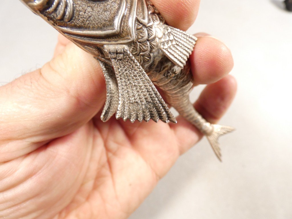 Jointed Fish Made Of Solid Silver With Glass Eyes, Spain, Circa 1960-photo-2