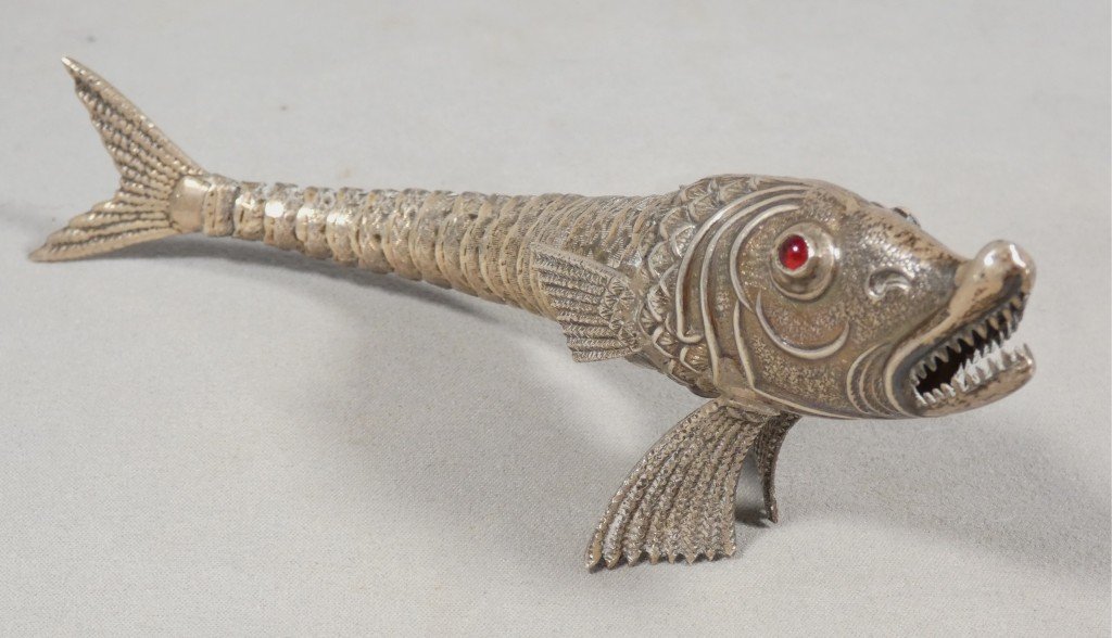 Jointed Fish Made Of Solid Silver With Glass Eyes, Spain, Circa 1960