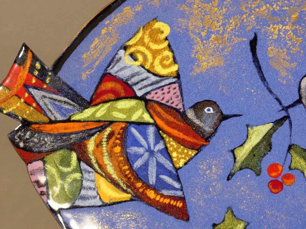 Léa Sham’s – Large Limoges Enamel Bowl With Birds And Holly – 40 Cm-photo-2