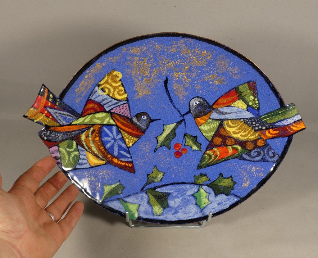 Léa Sham’s – Large Limoges Enamel Bowl With Birds And Holly – 40 Cm-photo-2