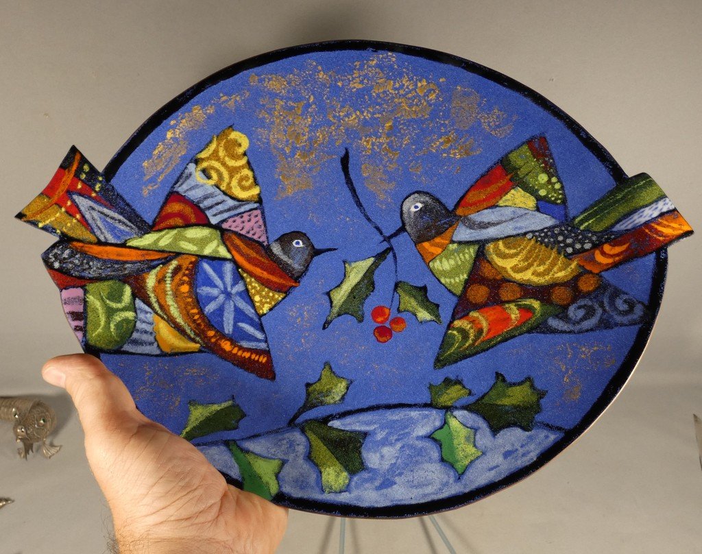 Léa Sham’s – Large Limoges Enamel Bowl With Birds And Holly – 40 Cm-photo-3