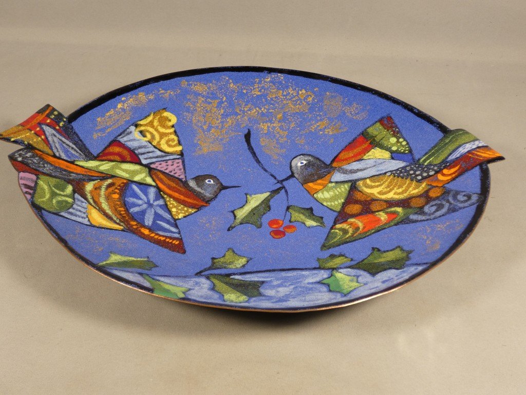Léa Sham’s – Large Limoges Enamel Bowl With Birds And Holly – 40 Cm-photo-5