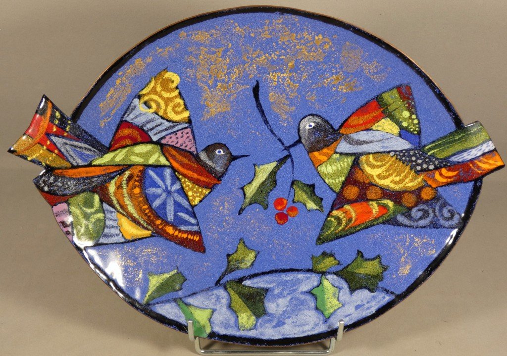 Léa Sham’s – Large Limoges Enamel Bowl With Birds And Holly – 40 Cm