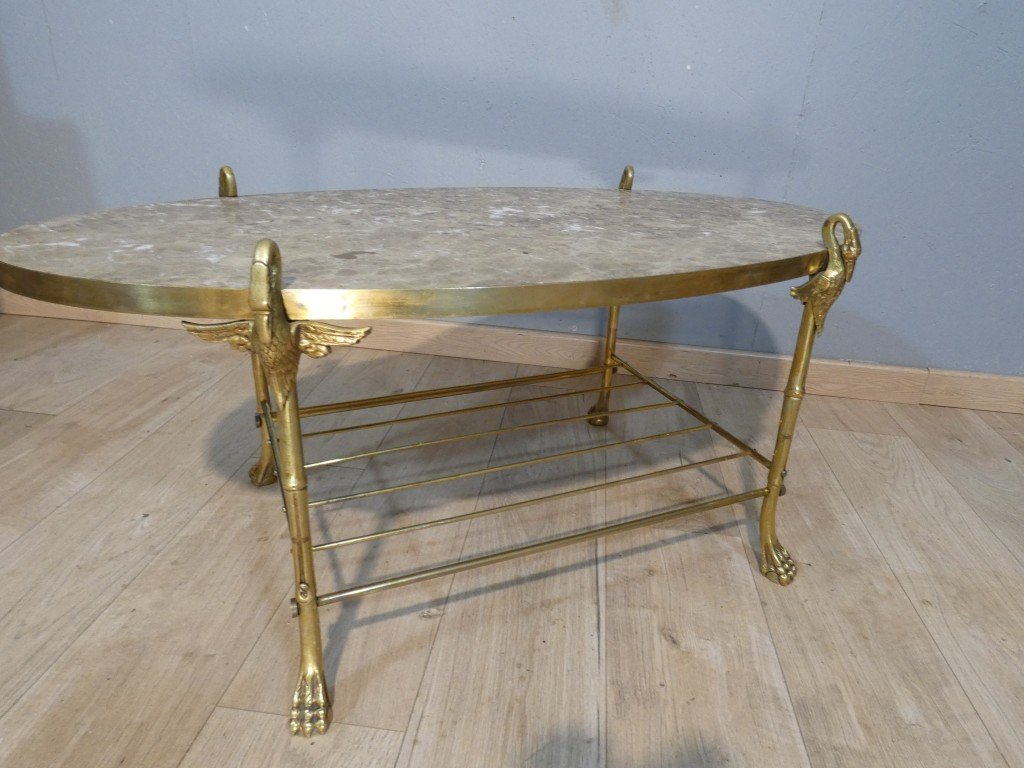 Table basse néoclassique en bronze et laiton aux cygnes, plateau de marbre – vers 1960, Jansen?-photo-2