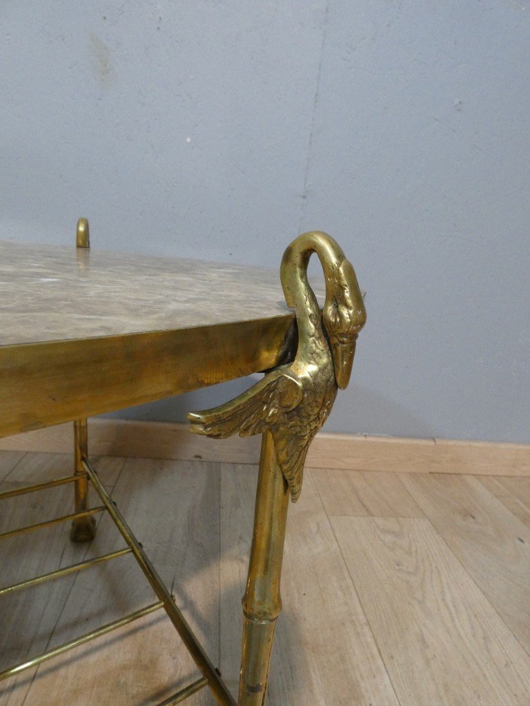 Table basse néoclassique en bronze et laiton aux cygnes, plateau de marbre – vers 1960, Jansen?-photo-3