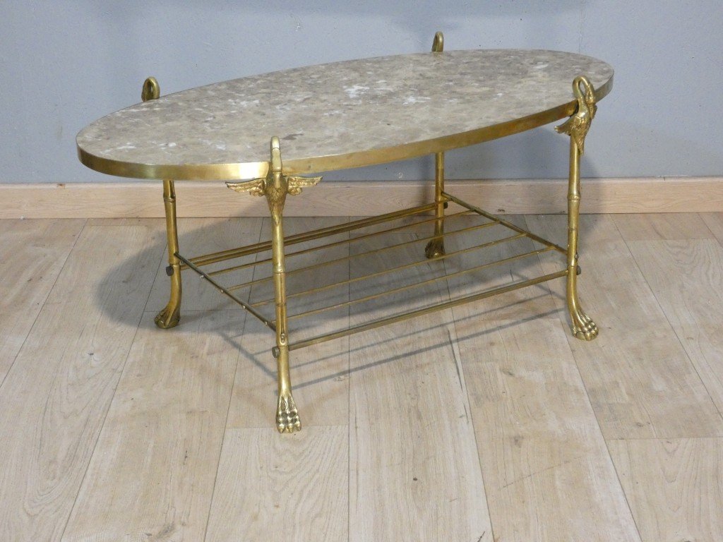 Table basse néoclassique en bronze et laiton aux cygnes, plateau de marbre – vers 1960, Jansen?-photo-2