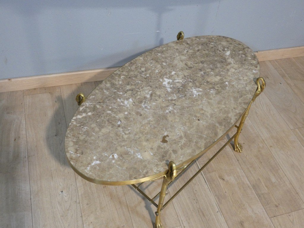 Table basse néoclassique en bronze et laiton aux cygnes, plateau de marbre – vers 1960, Jansen?-photo-3