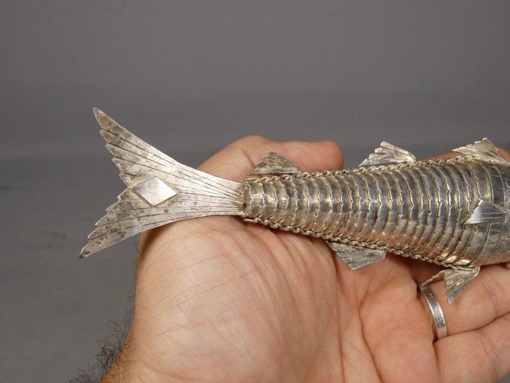 Large Articulated Fish Box In Solid Silver, Spain, Ca. 1960-photo-3
