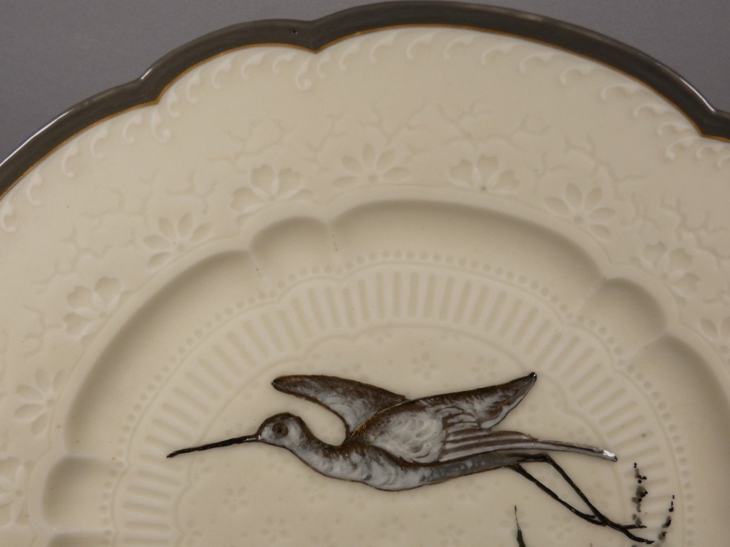 Haviland & Cie – Albert Dammouse – Assiette japonisante au héron en vol, Limoges vers 1885-photo-3