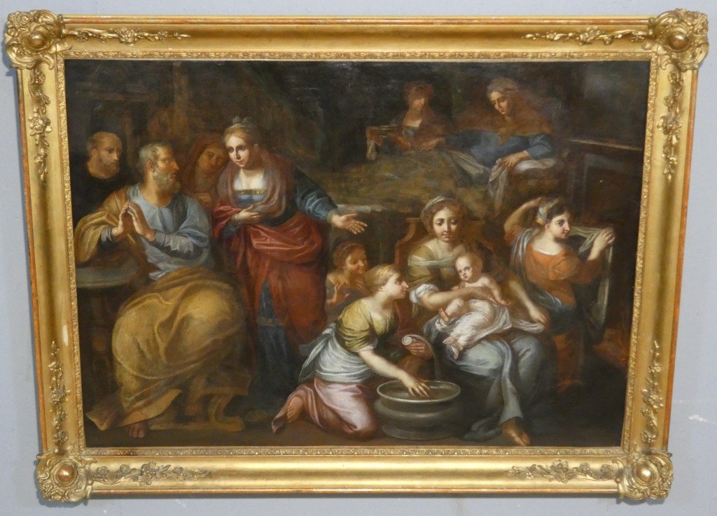 17th-century Italian School – The Nativity Of The Virgin – Large Oil On Canvas