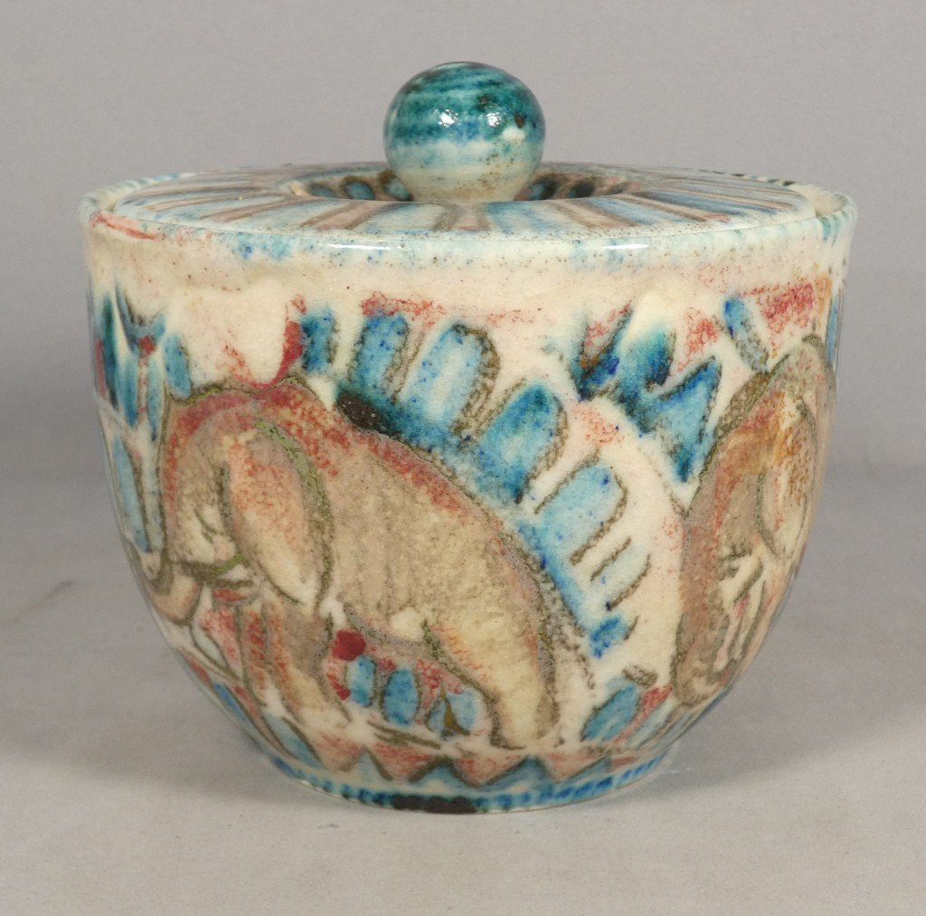 Villeroy & Boch Mettlach – Lidded Jar With Elephants, Attributed To Maria Kohler, Circa 1950-photo-3