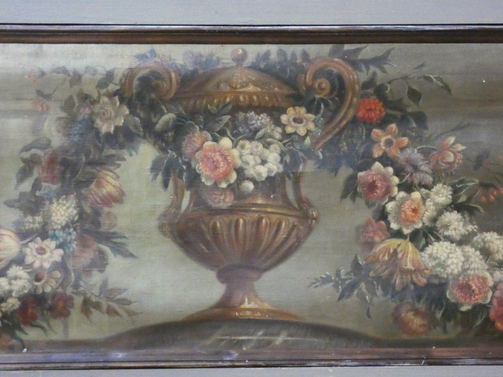 Dessus-de-porte aux guirlandes de fleurs et vase néoclassique – Huile sur toile marouflée, XIXe-photo-2