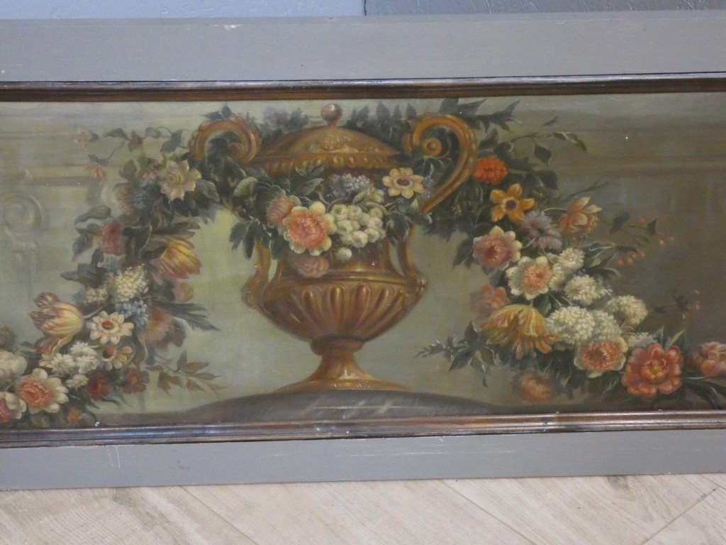 Dessus-de-porte aux guirlandes de fleurs et vase néoclassique – Huile sur toile marouflée, XIXe-photo-3