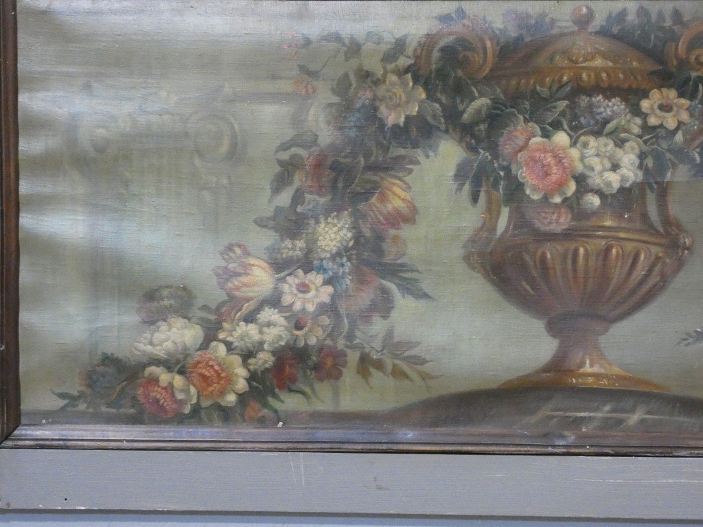 Dessus-de-porte aux guirlandes de fleurs et vase néoclassique – Huile sur toile marouflée, XIXe-photo-1