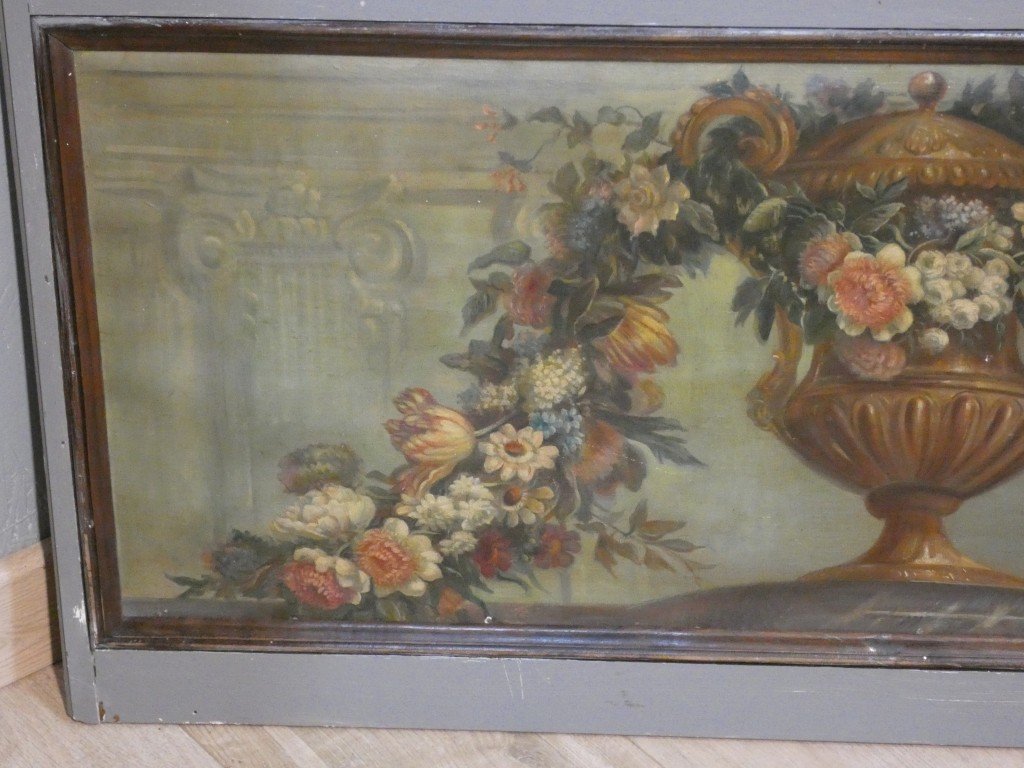 Dessus-de-porte aux guirlandes de fleurs et vase néoclassique – Huile sur toile marouflée, XIXe-photo-2
