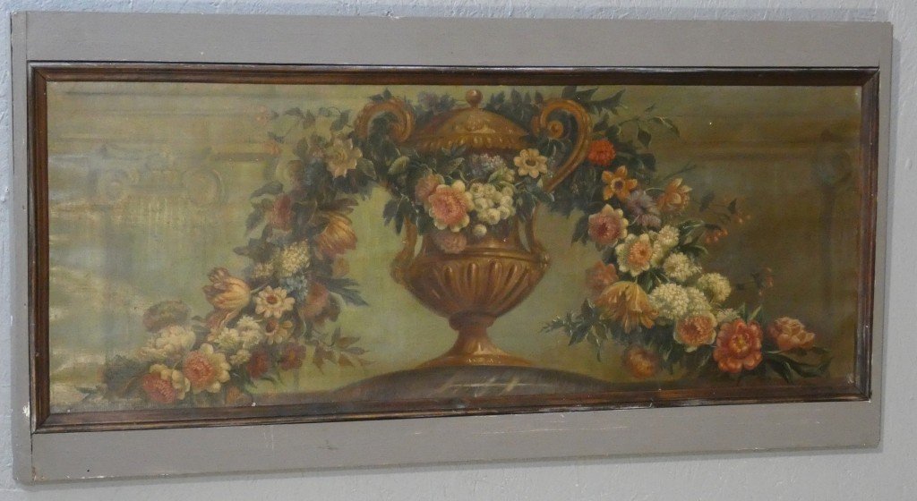 Dessus-de-porte aux guirlandes de fleurs et vase néoclassique – Huile sur toile marouflée, XIXe-photo-3