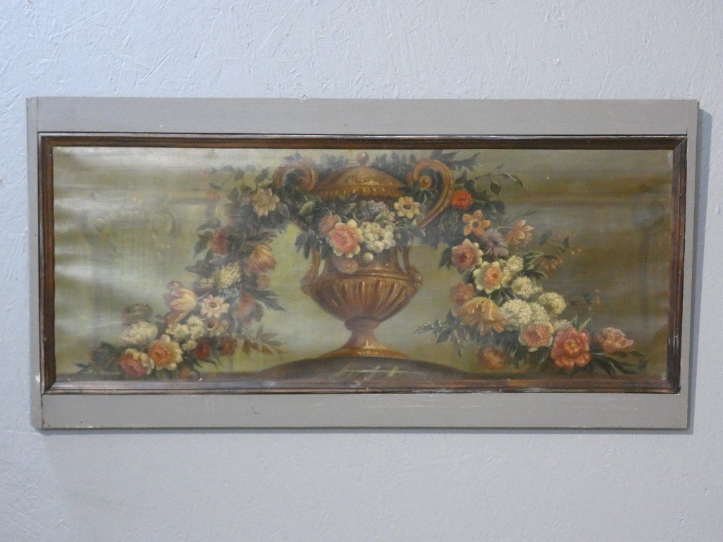Dessus-de-porte aux guirlandes de fleurs et vase néoclassique – Huile sur toile marouflée, XIXe-photo-4
