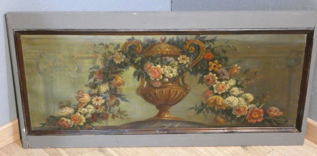 Dessus-de-porte aux guirlandes de fleurs et vase néoclassique – Huile sur toile marouflée, XIXe