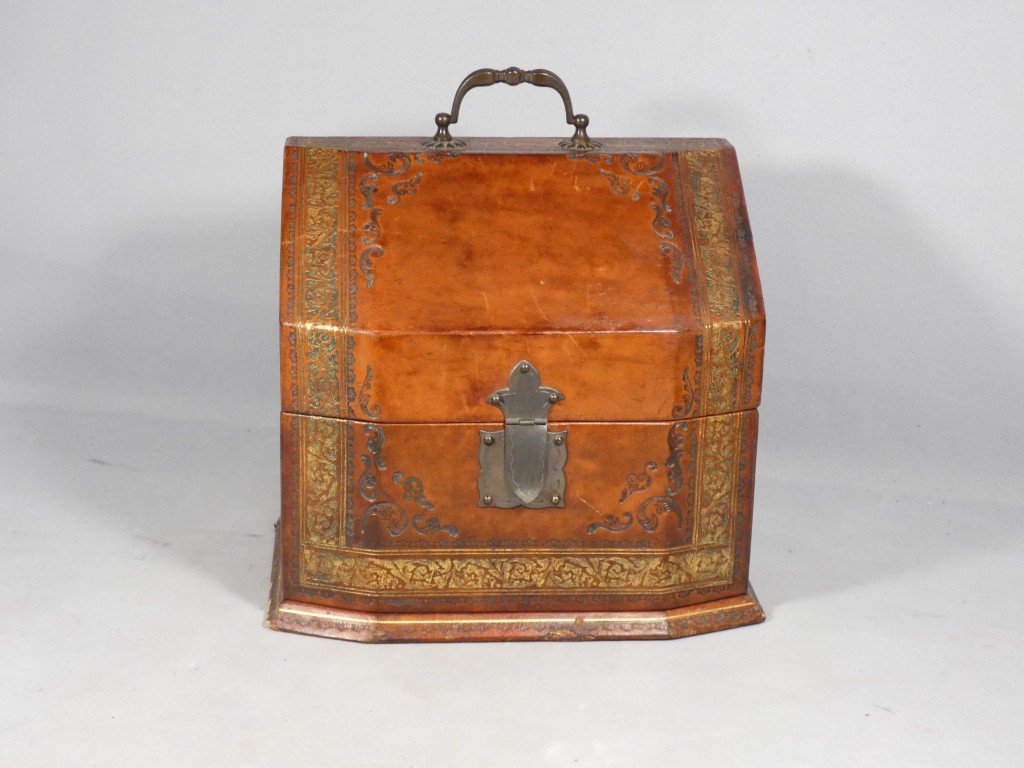Coffret porte courrier ou papier en cuir style XVIII ème, époque XX ème-photo-3