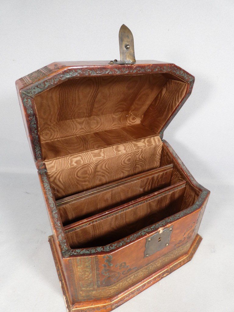 Coffret porte courrier ou papier en cuir style XVIII ème, époque XX ème-photo-7