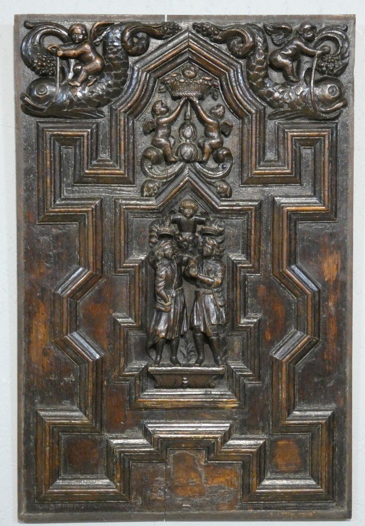 Paire de panneaux Renaissance en chêne sculpté – Scènes de Charité – Flandres, vers 1600-photo-2
