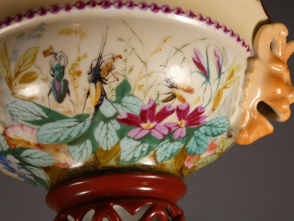 Rare Hanging Porcelain Planter With A Naturalistic Design Featuring Birds, Butterflies, And Insects – -photo-1