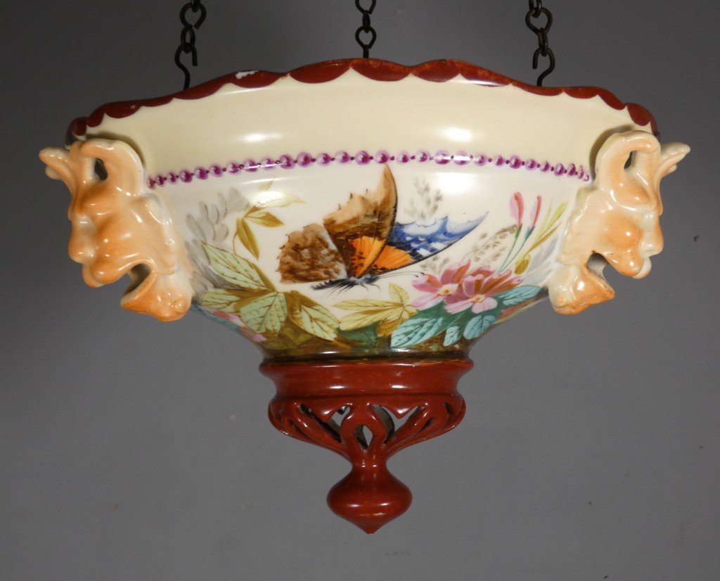 Rare Hanging Porcelain Planter With A Naturalistic Design Featuring Birds, Butterflies, And Insects – 