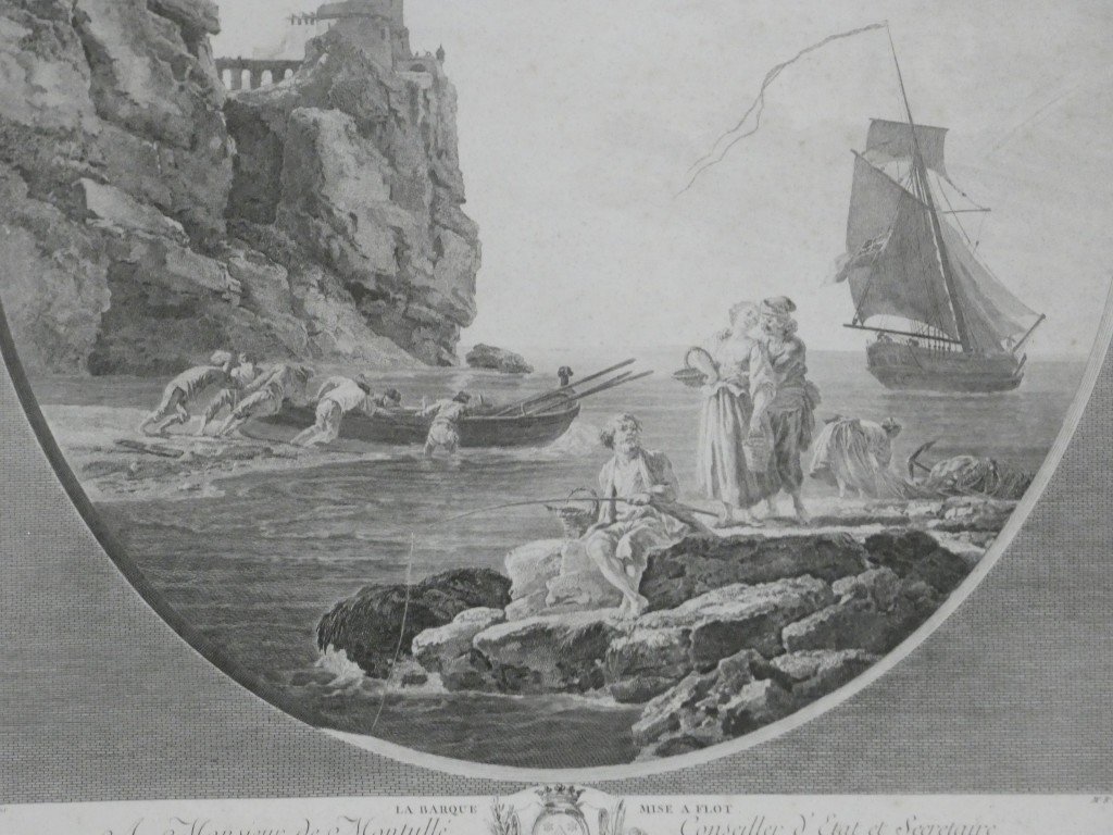 The Boat Being Launched – Engraving After A Painting By Joseph Vernet, By Marie-rosalie Bertaud – 18th Century-photo-2