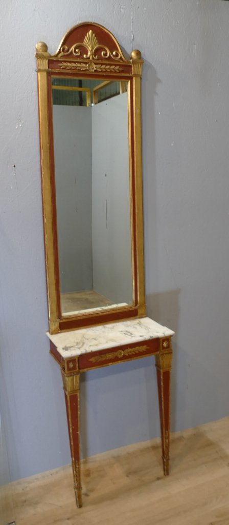 Console d'entre-deux et son miroir en bois laqué rouge et doré – Style Empire, Italie, début XX-photo-2