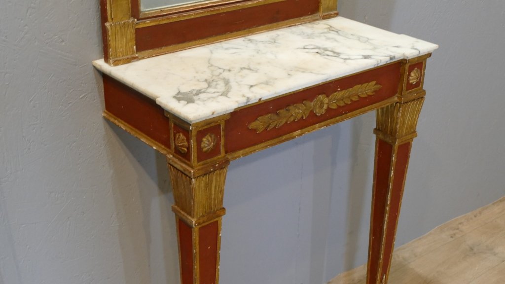 Console d'entre-deux et son miroir en bois laqué rouge et doré – Style Empire, Italie, début XX-photo-3
