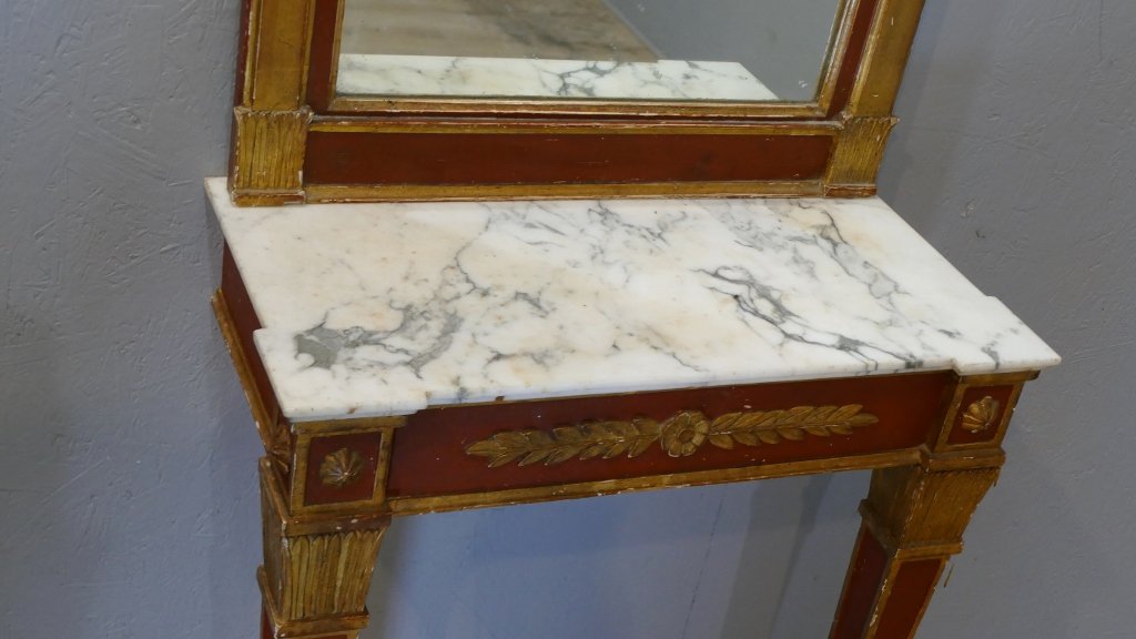 Console d'entre-deux et son miroir en bois laqué rouge et doré – Style Empire, Italie, début XX-photo-4